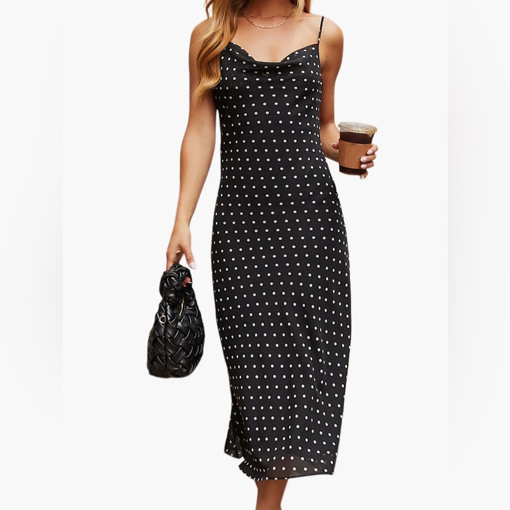 Bebe Black Satin Dress with White Polka Dots